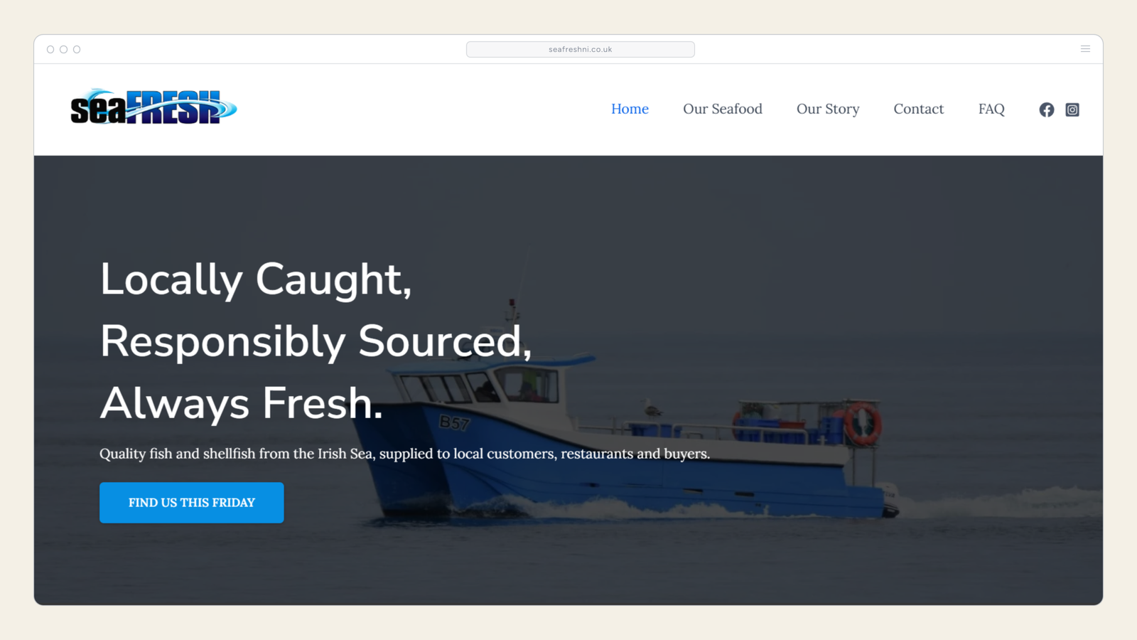 SeaFresh website homepage shown on desktop inside a browser window frame, with a fishing boat hero image and Find Us This Friday button