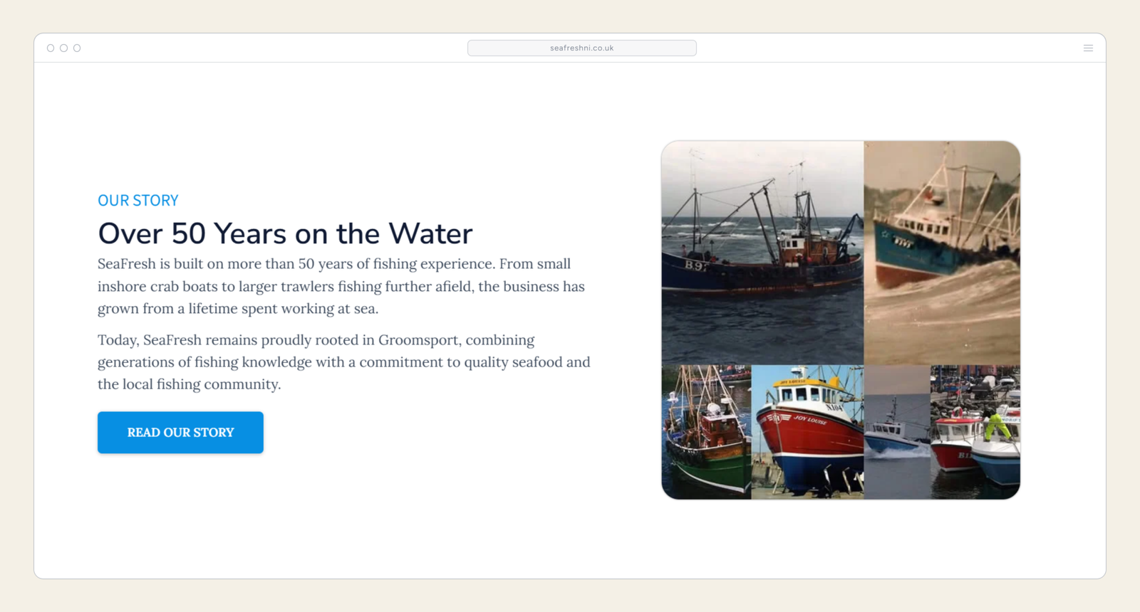 SeaFresh website Our Story page shown on desktop inside a browser window frame, describing over 50 years of fishing experience